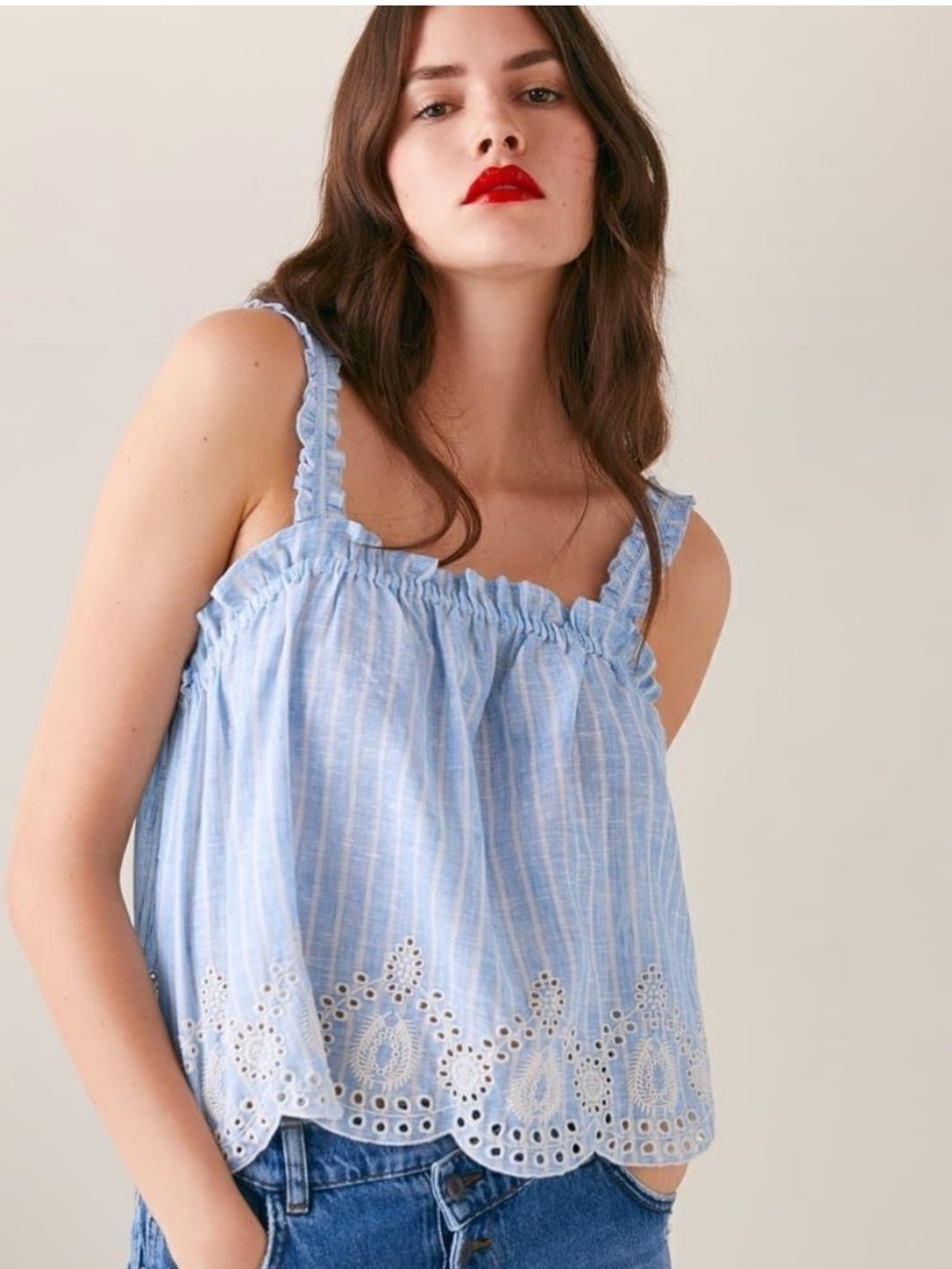 Zara Light Blue Striped Eyelet Ruffle Cami